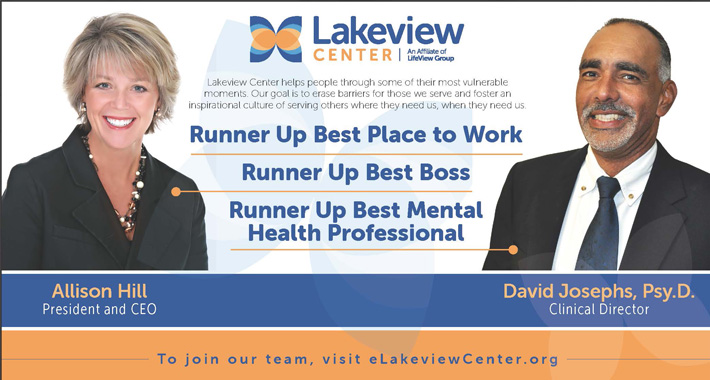 Lakeview Center runner up best place to work runner up best boss Allison Hill runner up best mental health professional Dr. Josephs
