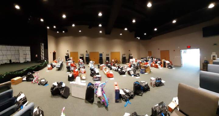 Large room filled with gifts for children