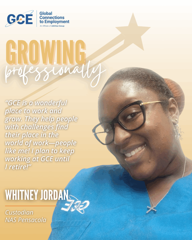 This image features a photo of Whitney Jordan and provides a quote from her that reads: "GCE is a wonderful place to work and grow. They help people with challenges find their place in the world of work - people like me! I plan to keep working at GCE until I retire!"